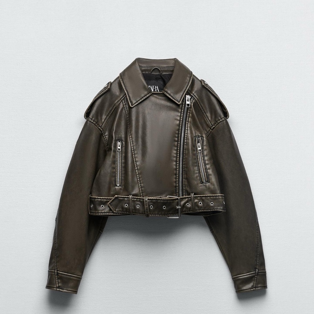 Zara Dark Olive Cropped Leather Biker Jacket